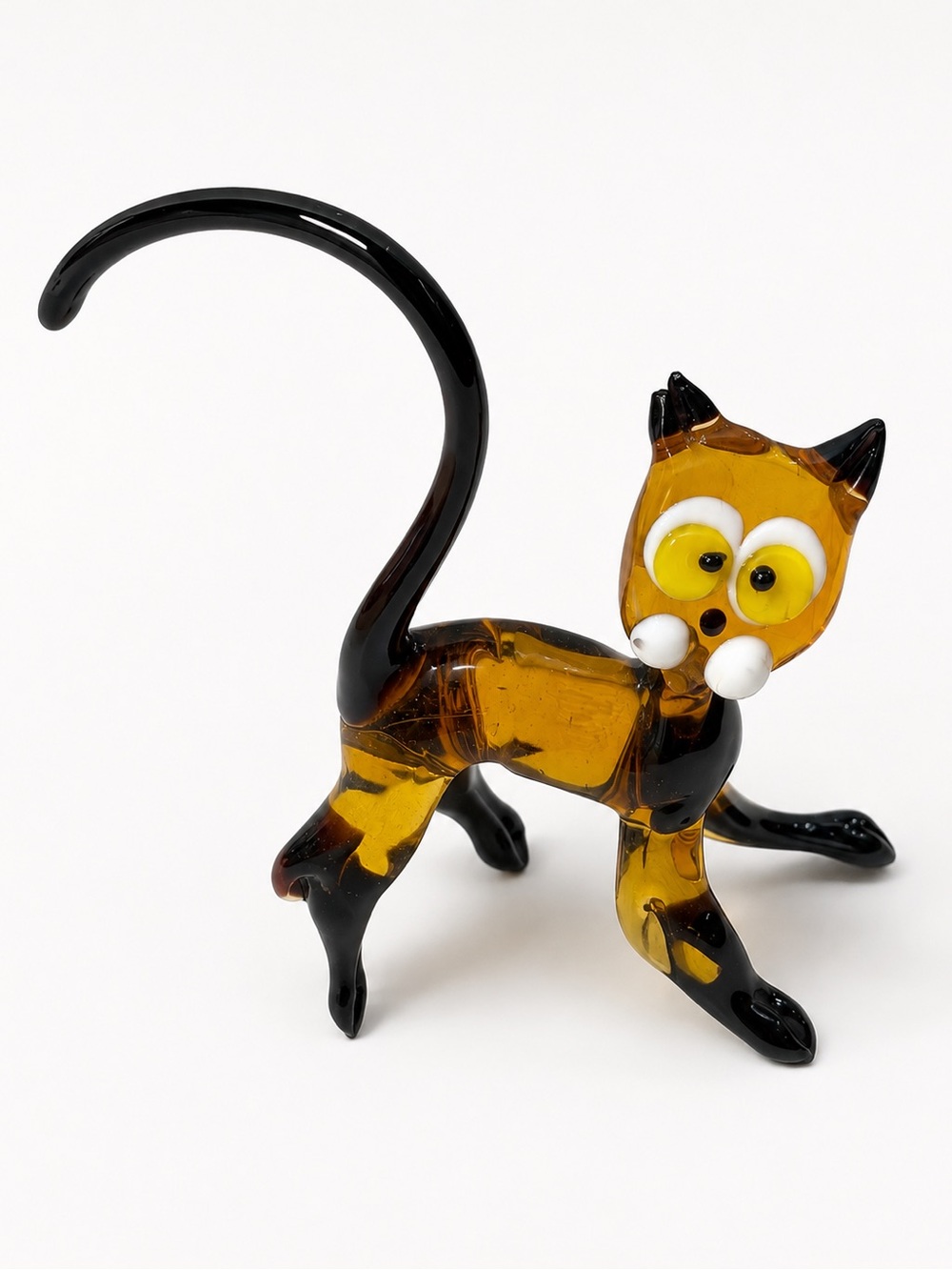 Vintage Hand Blown Italian Art Glass Cat Figurine Amber & Black Murano Style